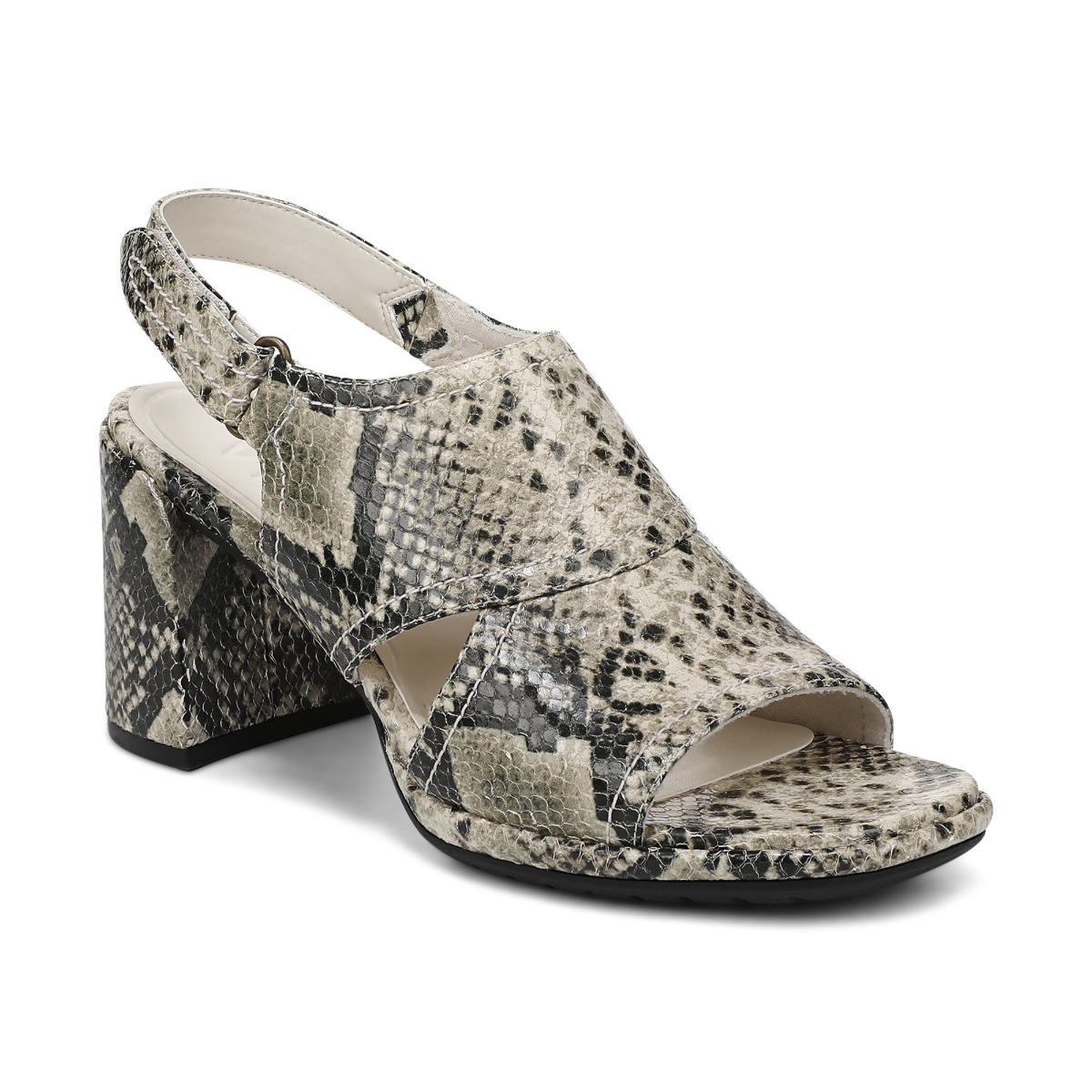 Vionic Women's Bolinas Heeled Sandal with Arch Support in Cream Snake Print Leather, Size