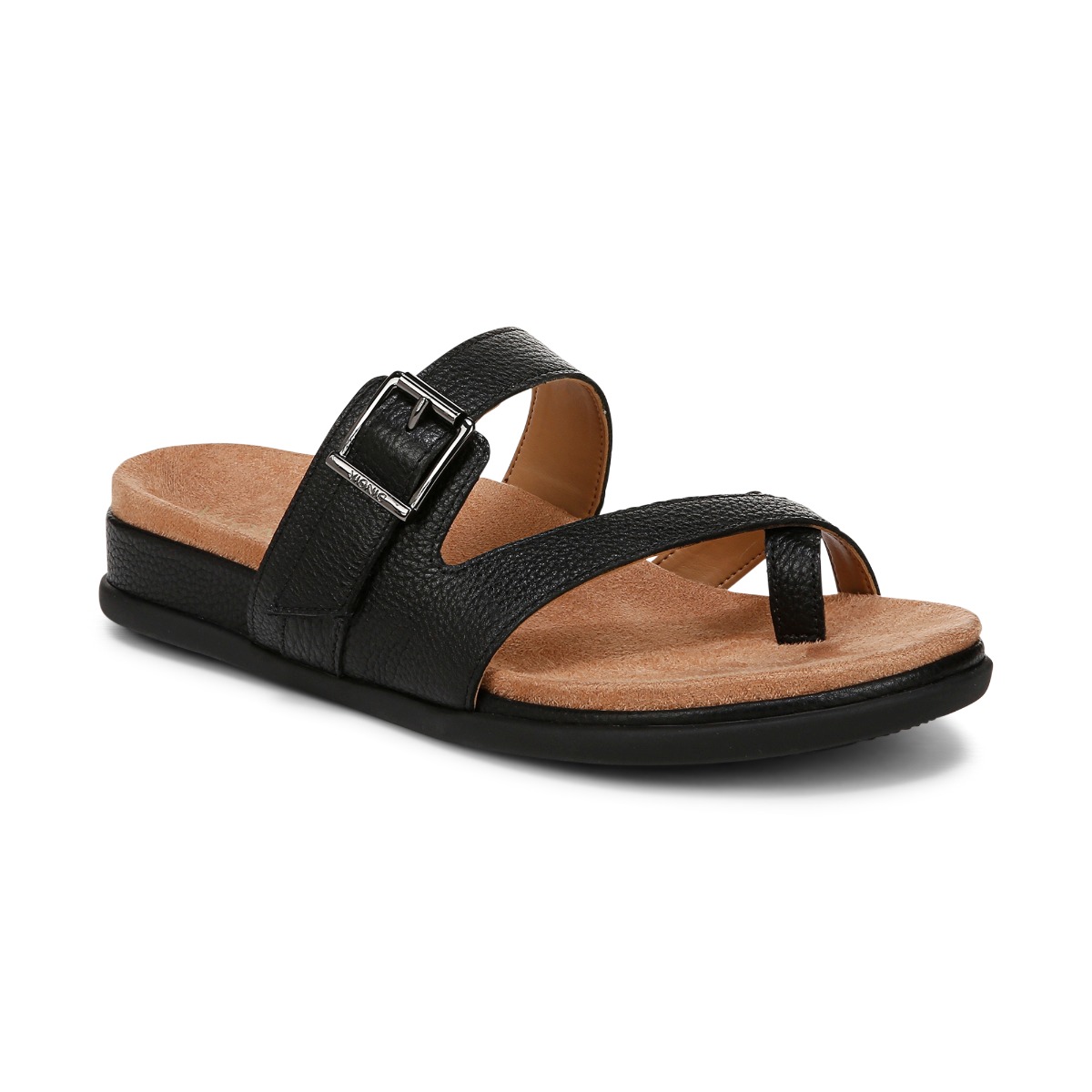 Vionic Women's Carmela Strappy Slide Sandal with Arch Support in Black Leather, Size 6 Wide