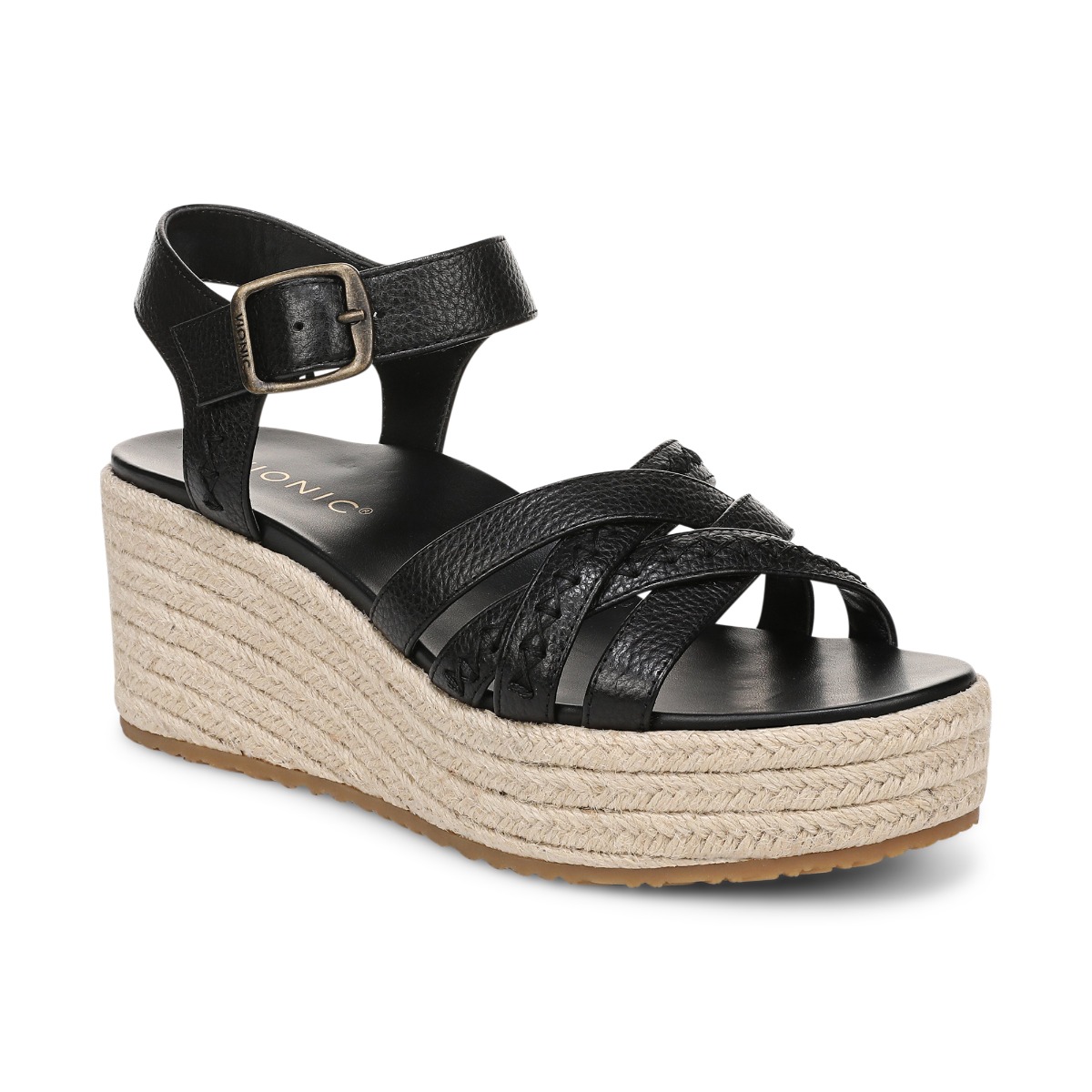 Vionic Women's Dana Espadrille Wedge Sandal with Arch Support in Black Leather, Size 7.5