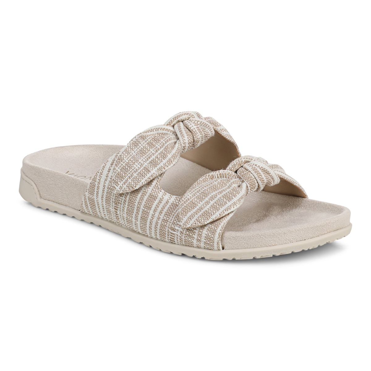 Vionic Women's Elara Slide Sandal with Arch Support in Cream Stripe Canvas, Size 6.5