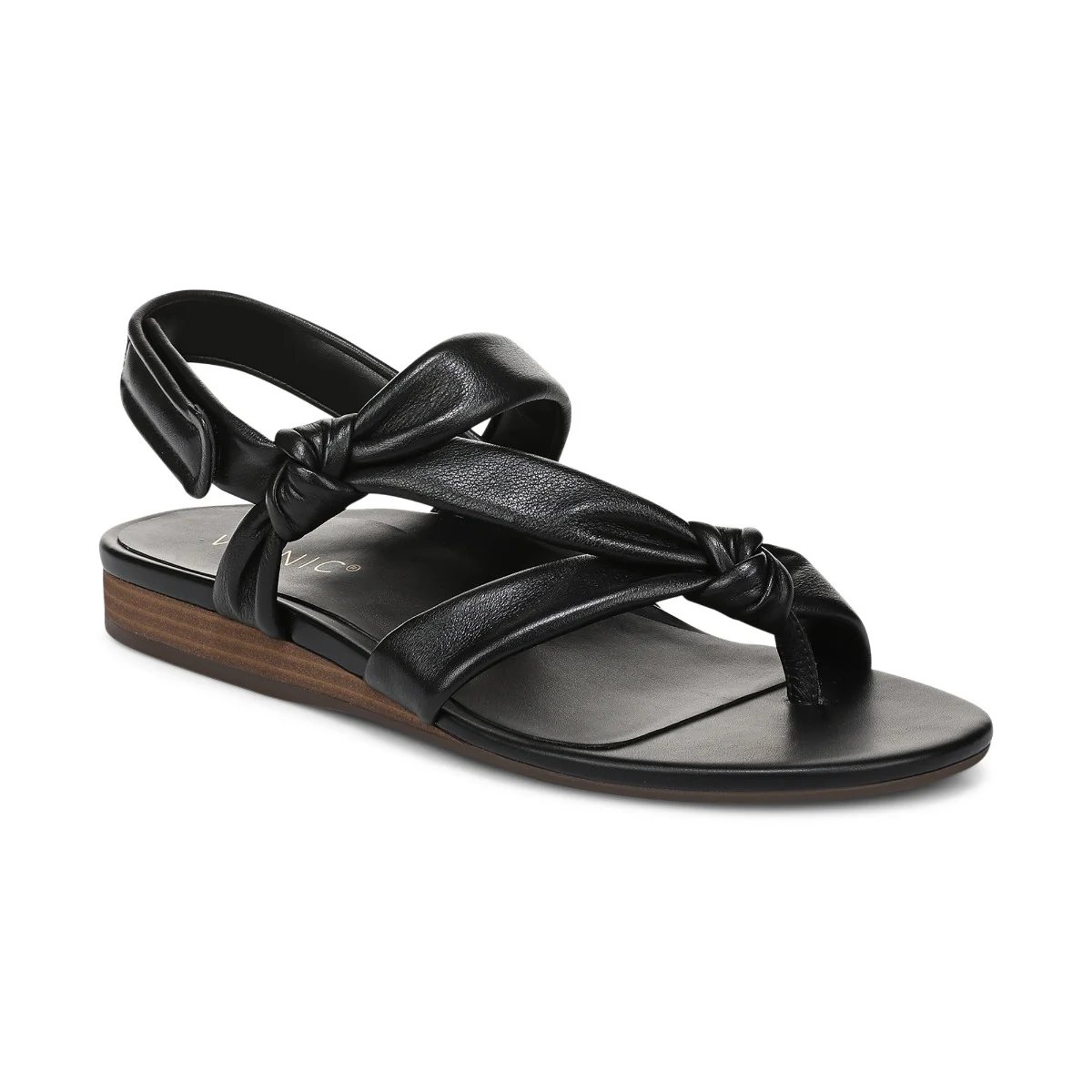 Vionic Women's Geneva Strappy Toe Post Sandal with Arch Support in Black Leather, Size