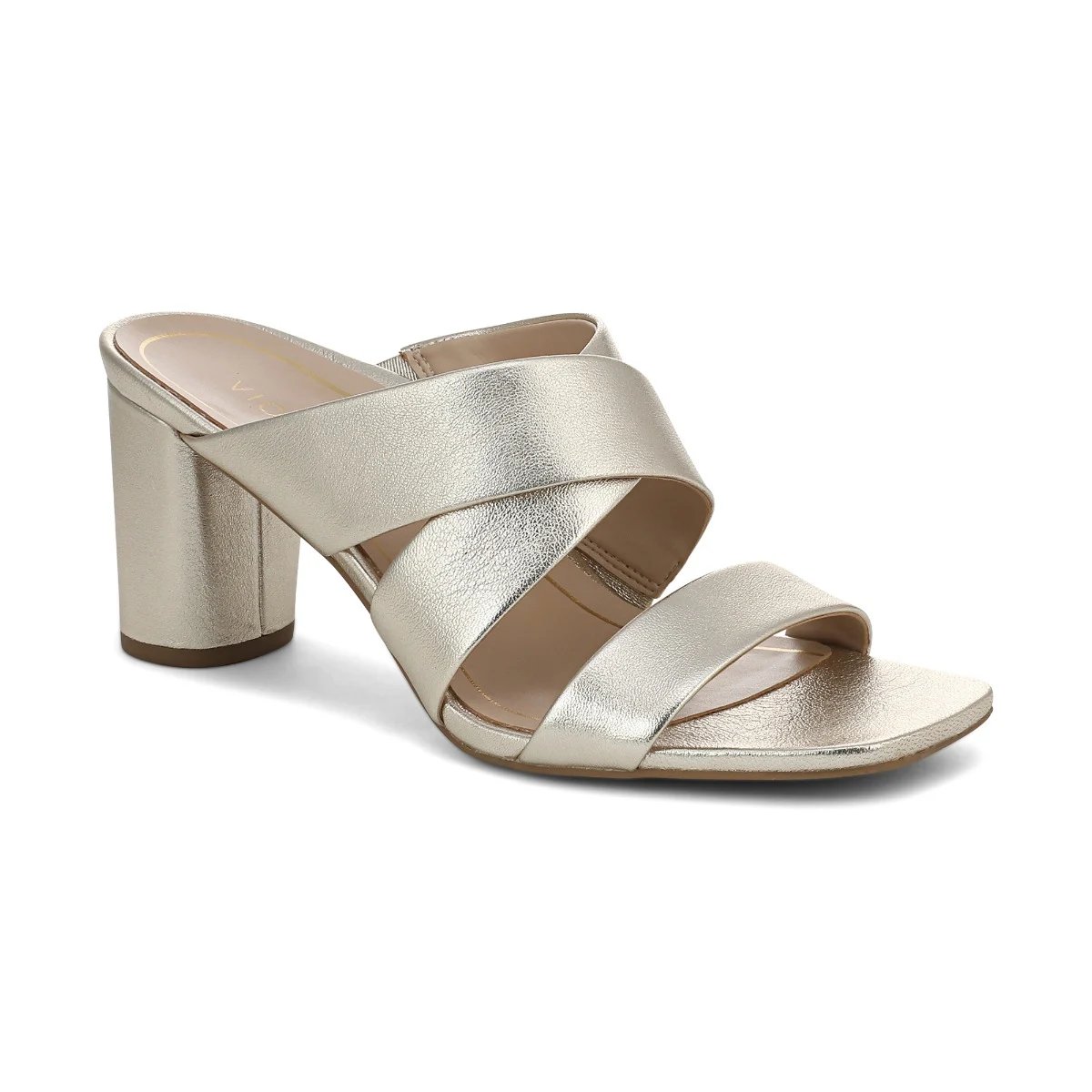 Vionic Women's Merlot Heeled Slide Sandal with Arch Support in Soft Gold Leather, Size 8.5 Wide
