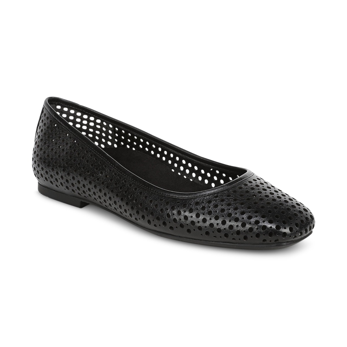 Vionic Women's Orinda Perf Square Toe Ballet Flat with Arch Support in Black Leather, Size
