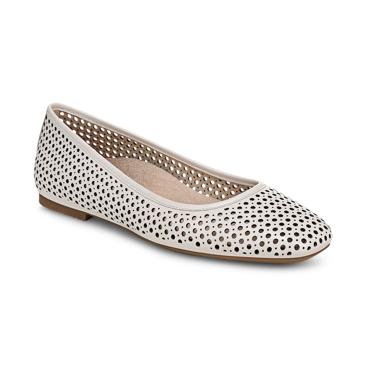 Vionic Women's Orinda Perf Square Toe Ballet Flat with Arch Support in Sea Salt Leather, Size