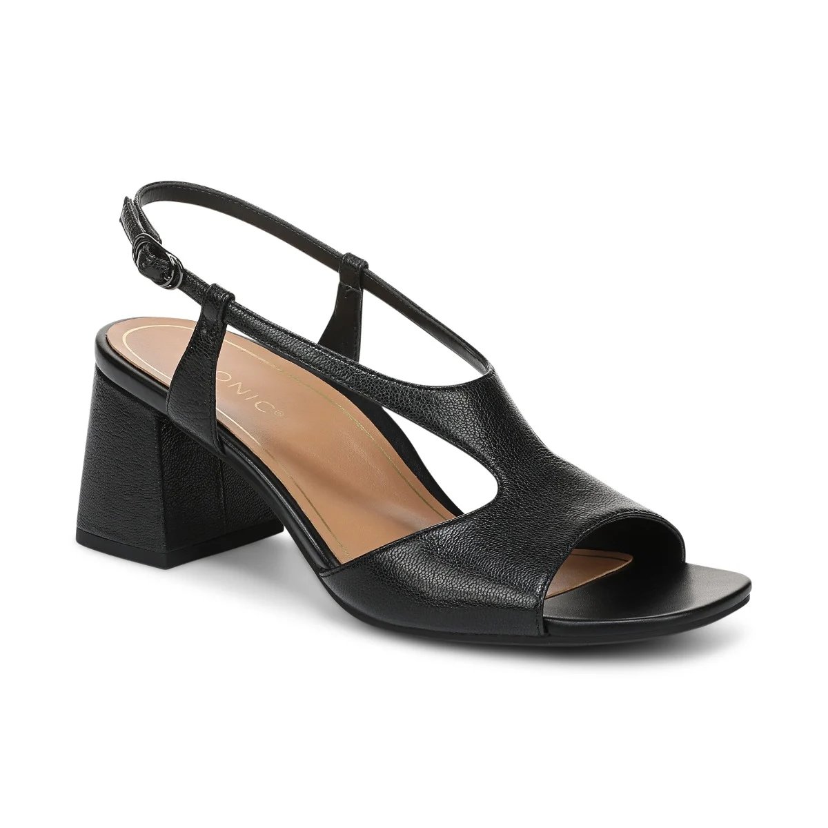 Vionic Women's Raquel Heeled Sandal with Arch Support in Black Leather, Size