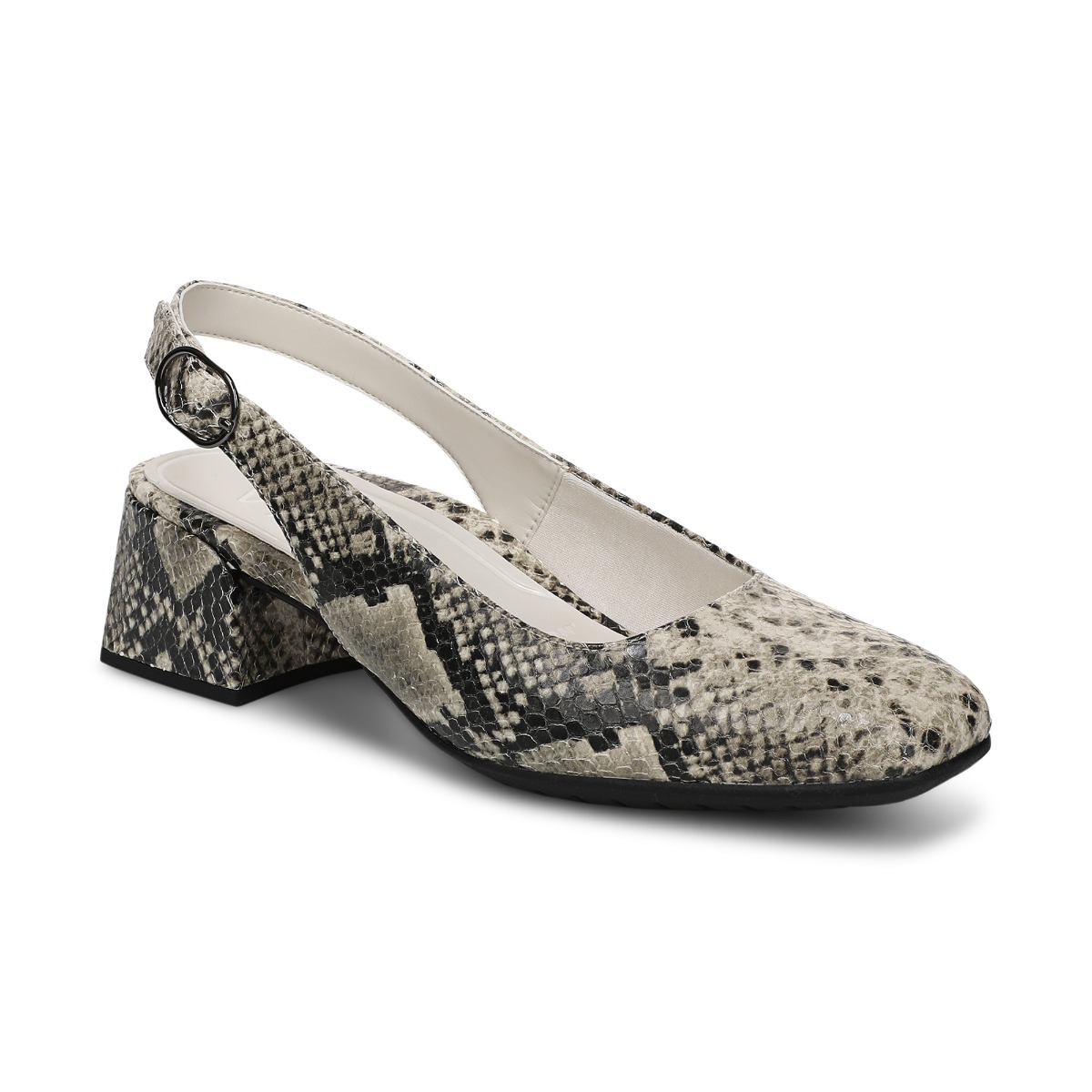 Vionic Women's Reyes Slingback Block Heel with Arch Support in Cream Snake Print Leather, Size