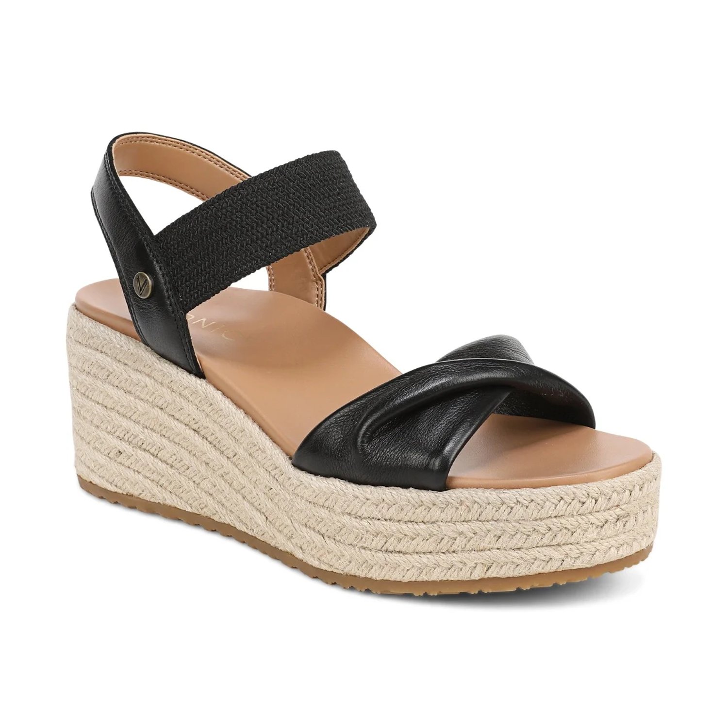 Vionic Women's Darla Espadrille Wedge Sandal with Arch Support in Black Leather, Size 11