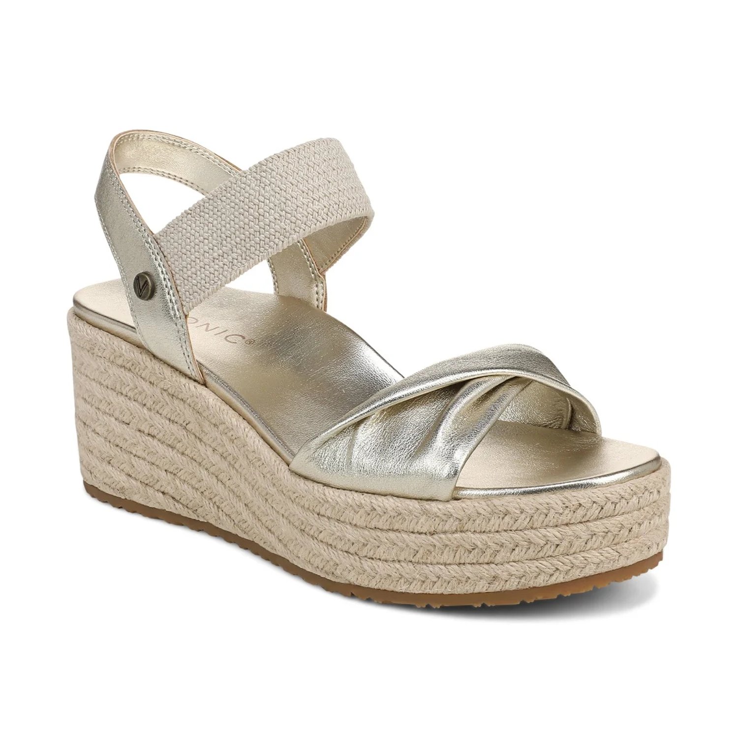 Vionic Women's Darla Espadrille Wedge Sandal with Arch Support in Gold Leather, Size 6.5